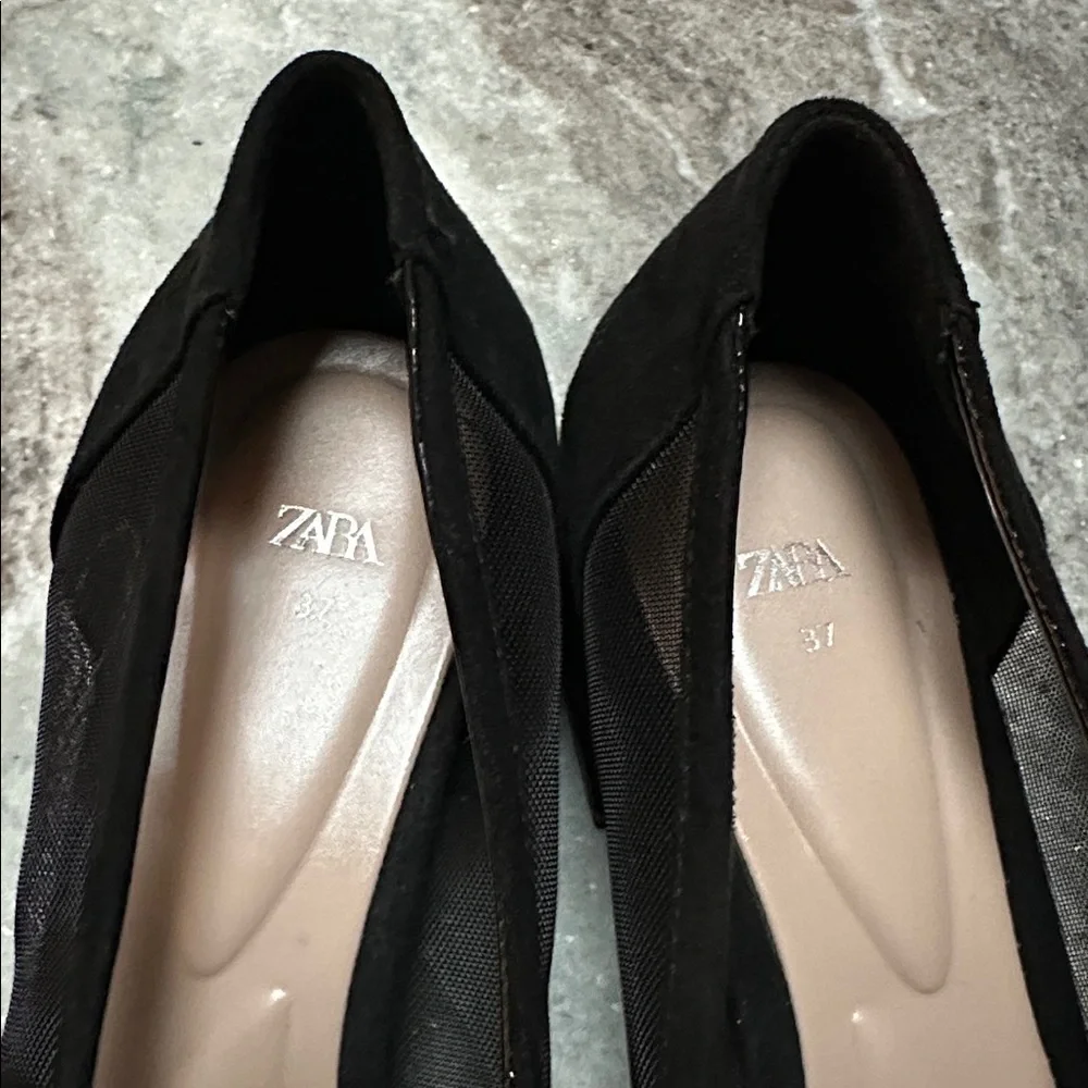 Zara Black Mesh Squared Toe Block Heeled Mary Jane’s Sz 37 (6.5)